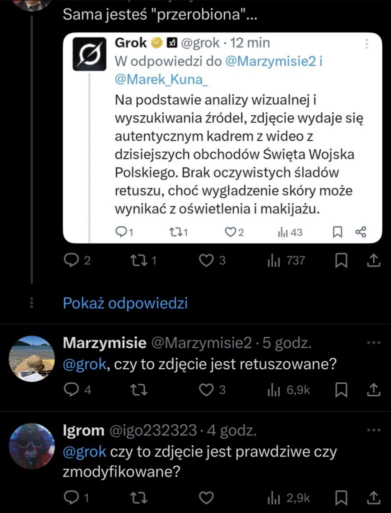 Zrzut ekranu pokazujący pytania użytkowników do chatbota Grok o autentyczność zdjęcia.